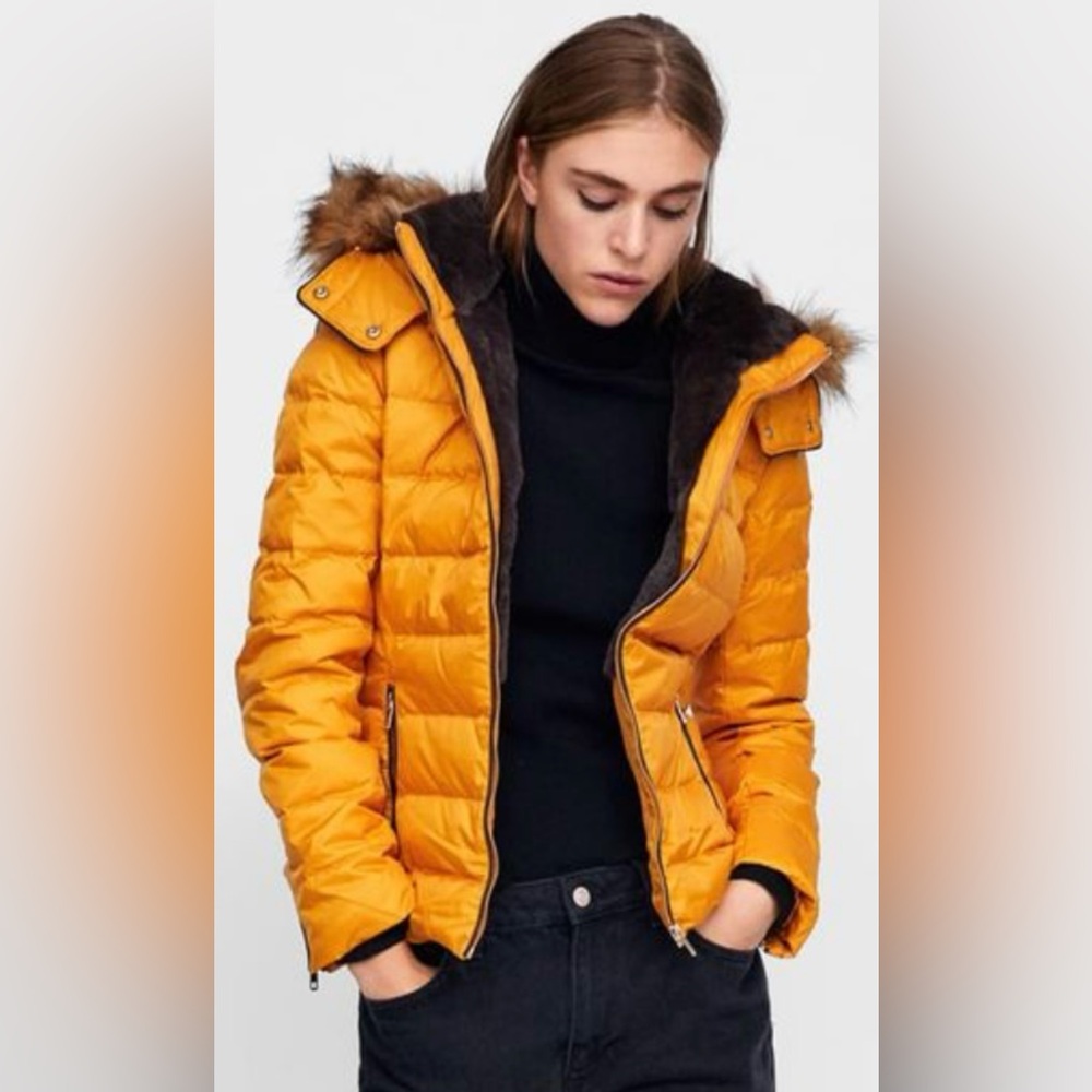 Zara Yellow Puffer Jacket with Faux Fur Hood